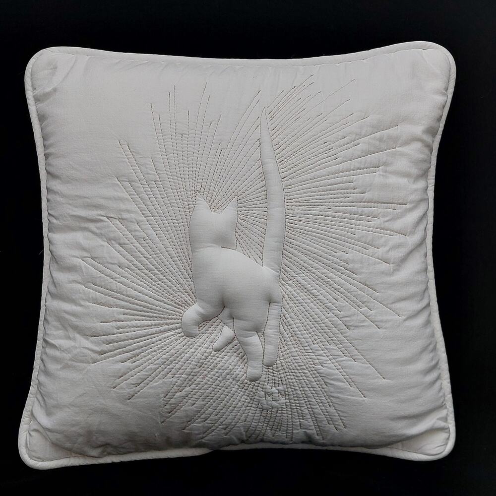 Vintage Embroidered Cat Pillow White Candlewicking Trapunto Sunburst 12x12